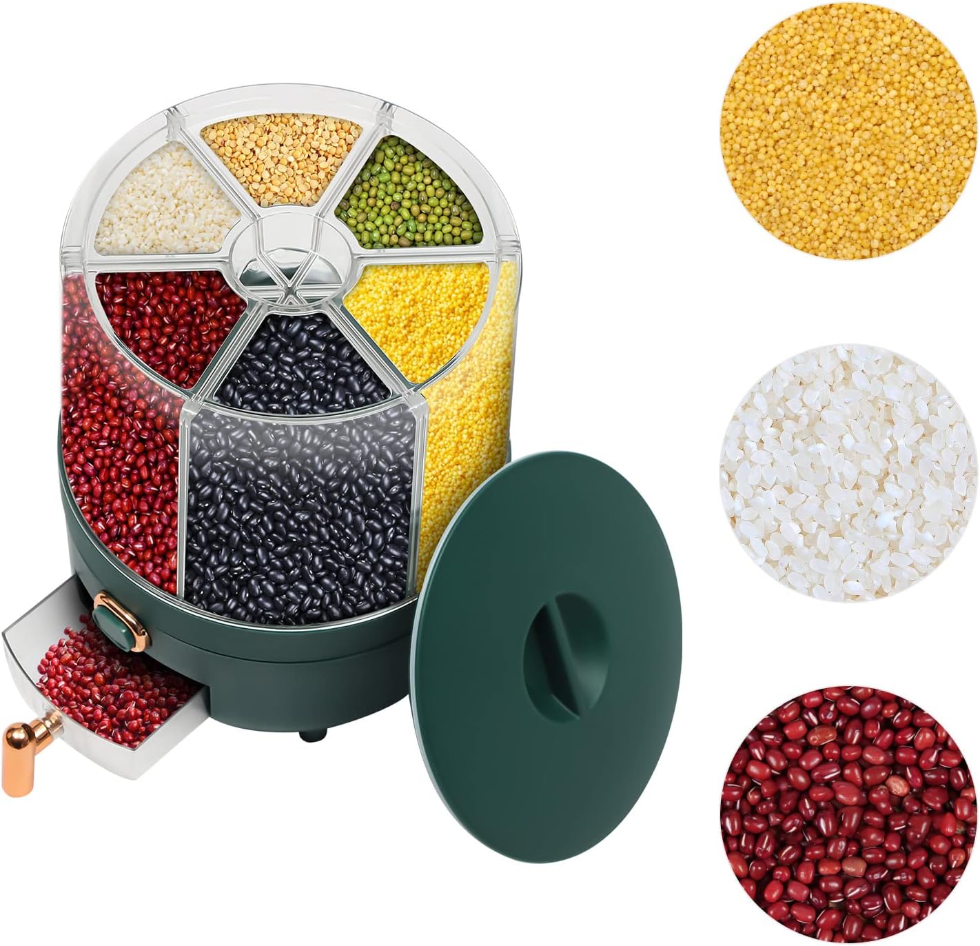 14Lbs 6-Grid Rice Dispenser 360° Rotating Dry Food Dispenser Kitchen Cereal Dispenser Airtight Storage Container with Anti-slip Pads for Beans Rice, 9.25 * 11.42in (Large Green)