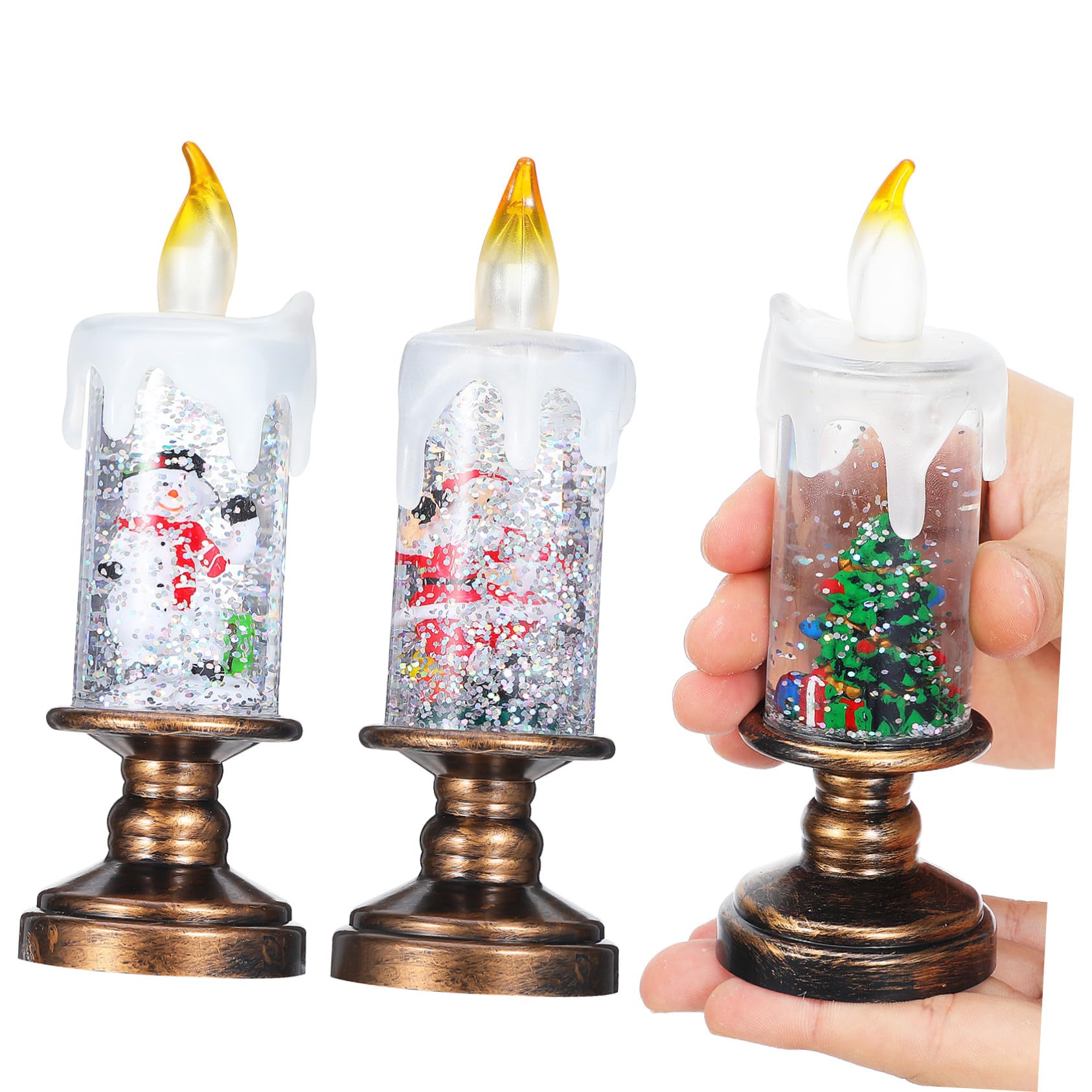 Mikikit 3 Szt. Świątecznych Lampionów Śnieżnych z LED Bezpłomieniowe Świeczki z Efektem Wirujących Śnieżynek Ozdoba Bożonarodzeniowa z Lampką Nocną Kształcie Bałwanka i Choinki
