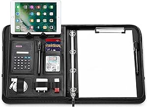 WONSEFOO Schreibmappe A4, mit Taschenrechner, Leder Ringbuch Dokumententasche, Große Fächern, Faltbaren Magnetgriffen, Tablet & Smartphone Halterung 5 Kartenfächer Notizblock Wasserdicht