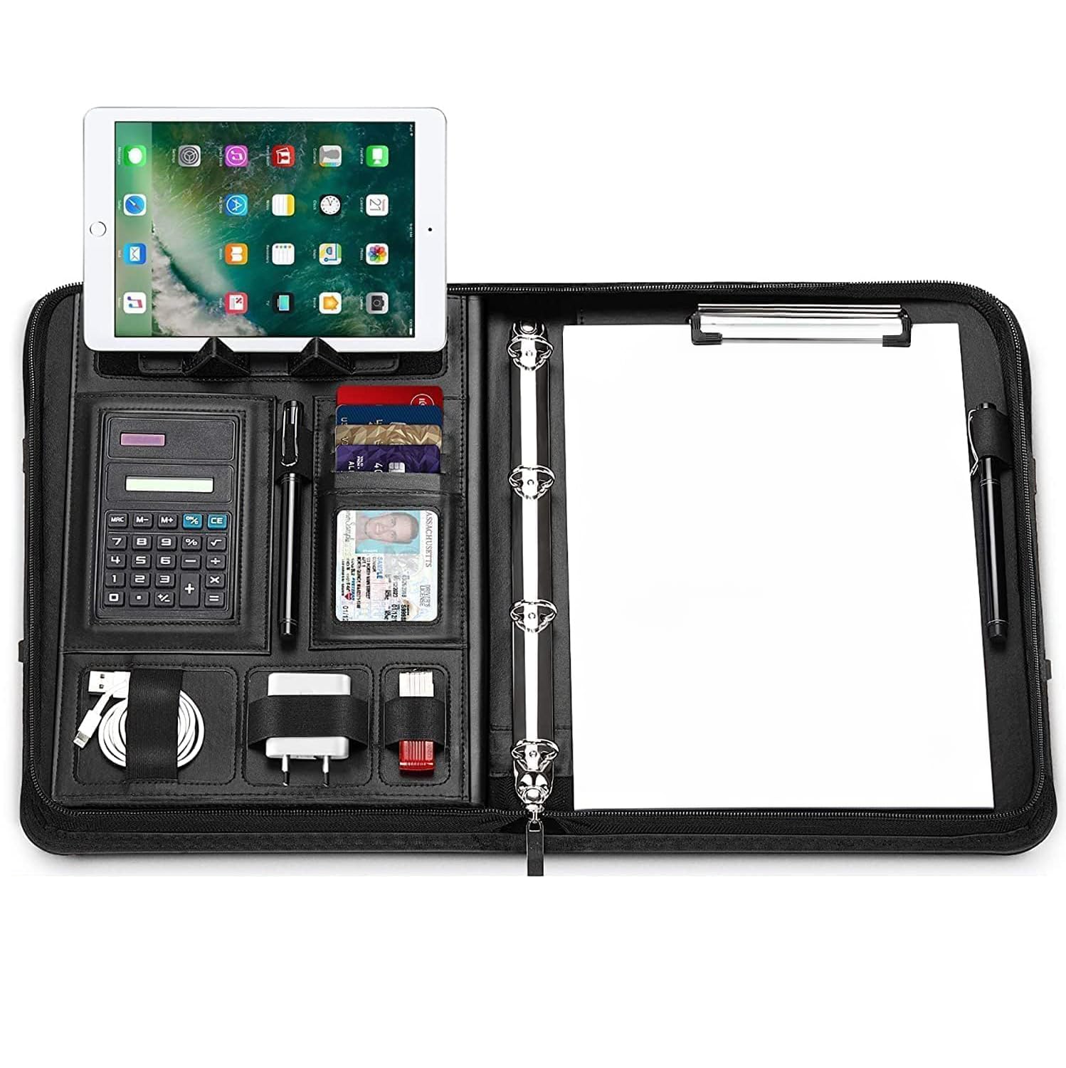WONSEFOO Porte-documents A4 avec anneaux en cuir, grands compartiments, poignées magnétiques pliables, support tablette smartphone, 5 compartiments cartes