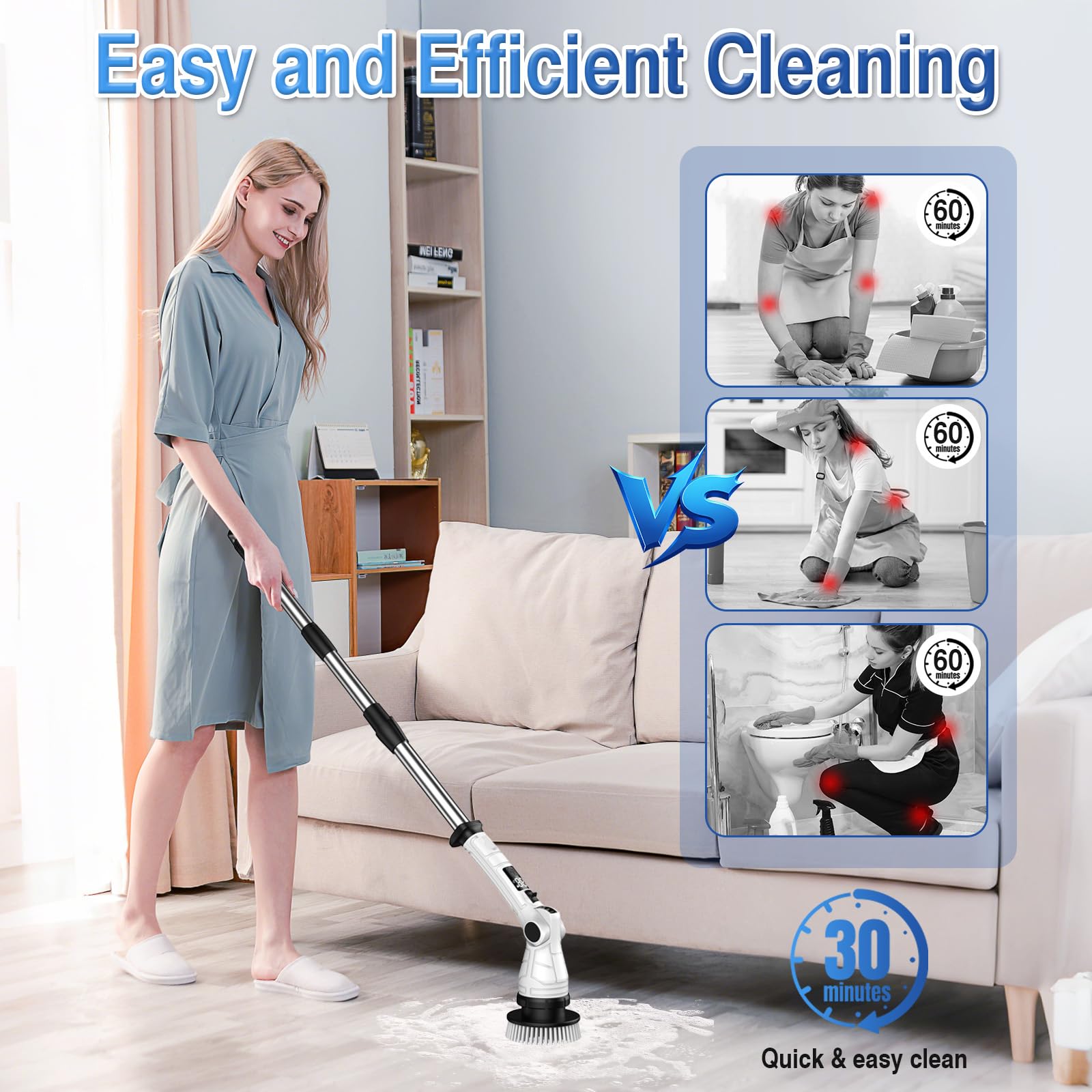 Cepillo de Limpieza eléctrico,Cepillo Limpieza Hogar con 7 Cabezales de Cepillo 2 Modos, Cepillo Electrico Limpieza Hogar con Indicador LED IPX7 Resistente al Agua para Baño Suelo Azulejos COC