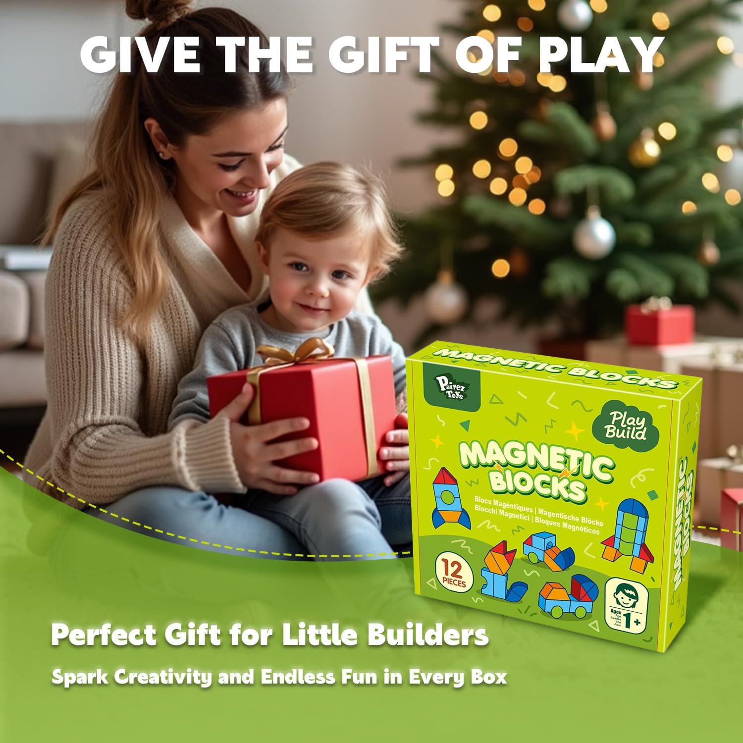 Pairez Toys Magnetic Building Blocks, Large Magnetic Blocks for Kids Ages 1-3, 3D Geometric Shapes Stacking Blocks Set, Montessori Sensory Toys for Toddlers, Boys & Girls (12pcs)