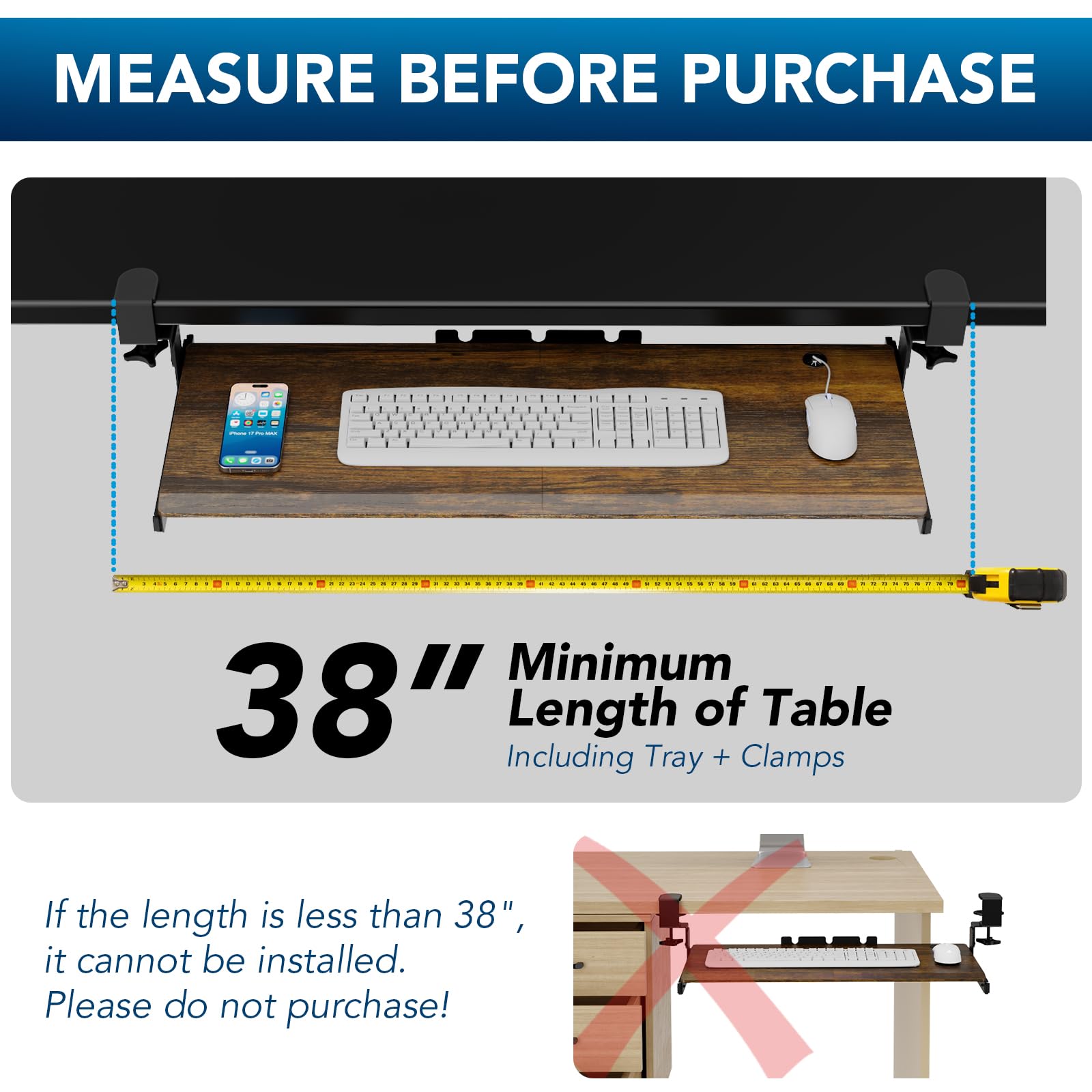 Tischunterschublade für Tastatur mit besonders stabiler C-Klemmen-Befestigung, 83,3 cm (96,5 cm inkl. Klemmen) x 30,5 cm – ausziehbare Computerablage für die Arbeit am Schreibtisch im Vintage-Stil