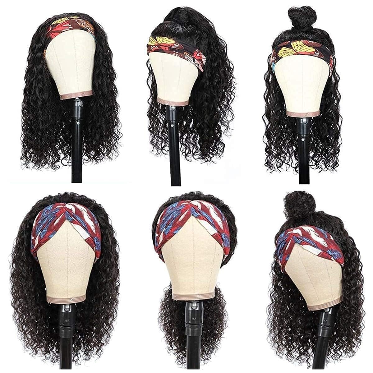 Long Headband Wig Human Hair Water Wave Human Hair Wigs for Black Women Curly Half Wig None Lace Front Wigs 180% Density Brazilian Virgin Hair Wig Natural Black Color 26 Inch