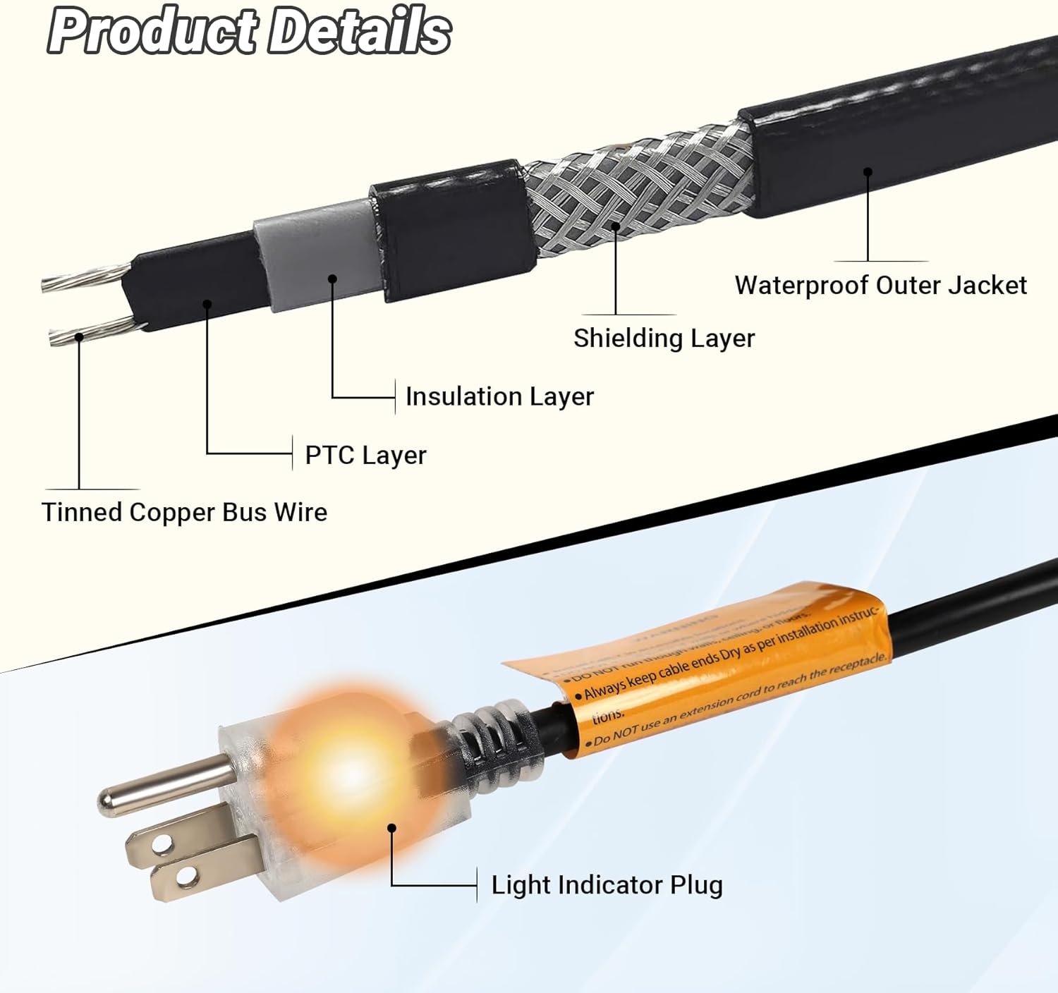 100FT Heat Tape for Roof and Gutters, 8W/FT Roof Snow De-Icing Kit w/ 45PCS Clips & Spacers, Self-Regulating Heat Cable, Roof Heat Tape for Ice Dam & Pipe Freeze Prevention, 120V, LED Plug