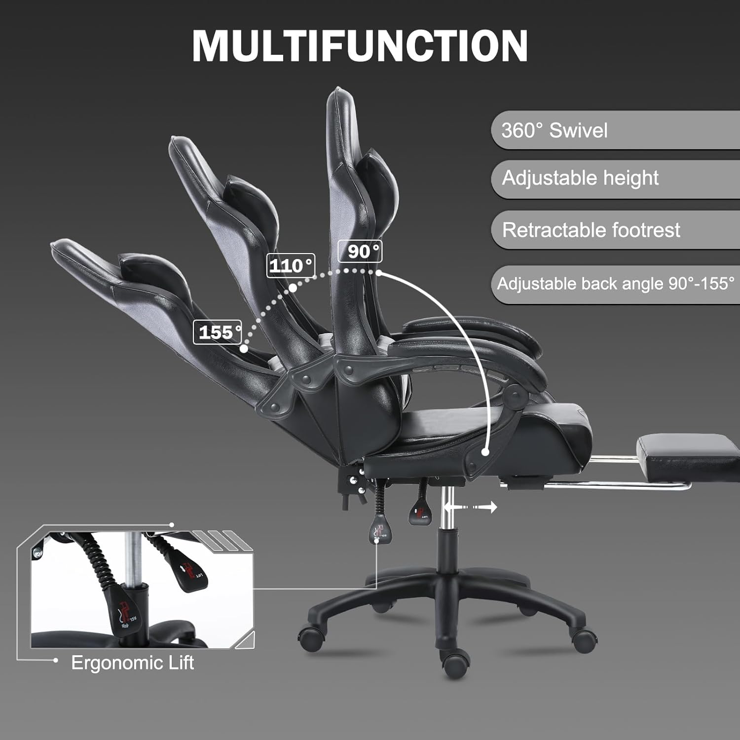 Ergonomic Racing Video Game Chair, PU Leather Electronic Gaming Chair with Footstool and Waist Support, Office Computer Chair, Black