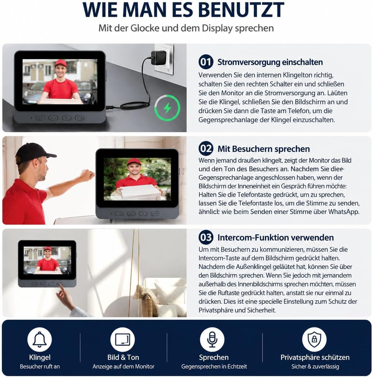 TKMARS Video Türklingel Kabellos Videotürklingel mit Monitor 170°Türklingel mit Kamera Unterstützt Bidirektionale Kommunikation und Automatische Erfassung