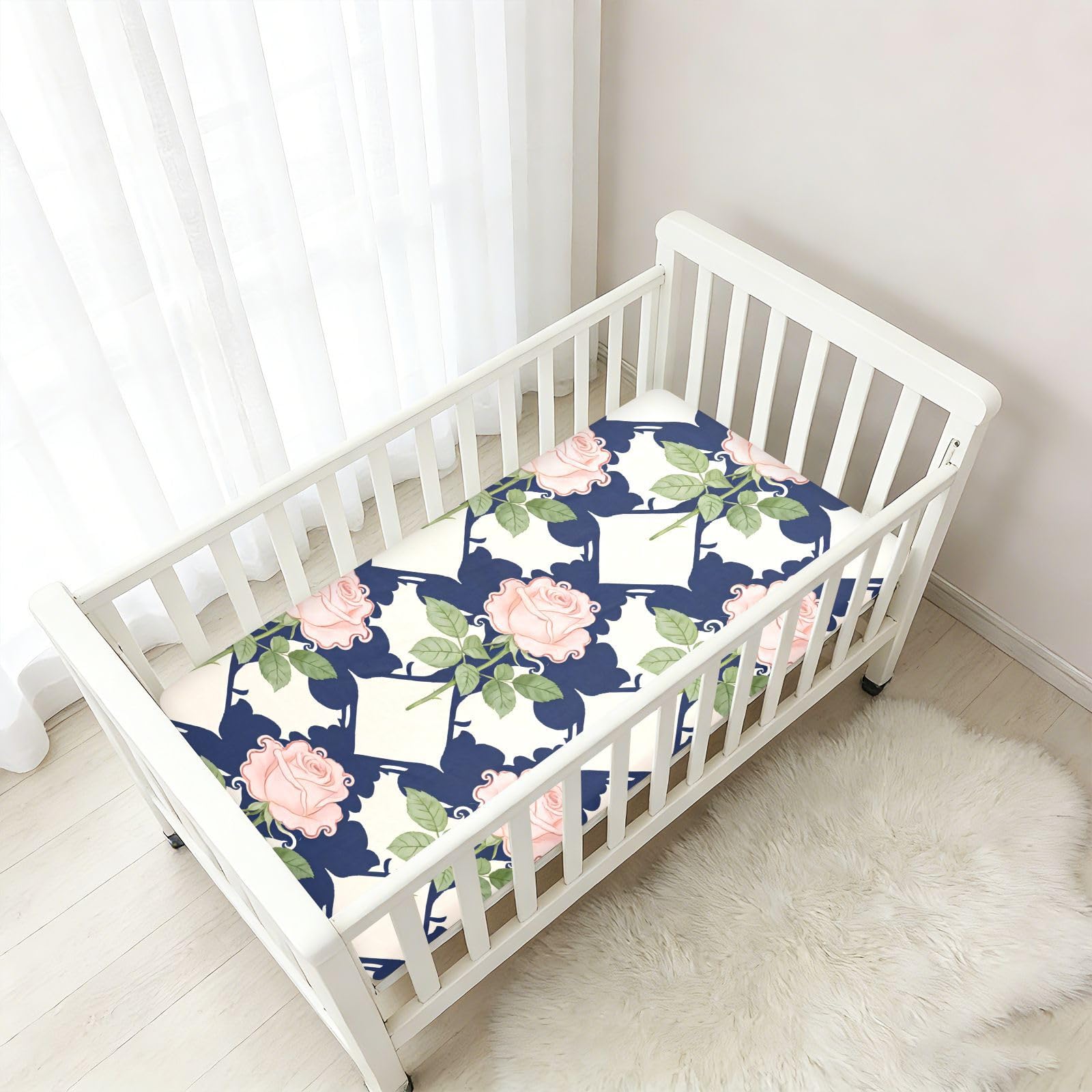 Sábanas de algodón para cuna de bebé, niños y niñas, diseño de rosas rosas, color azul marino y beige, suave y cómoda, funda de cama para guardería, 1 paquete de sabanas para cuna