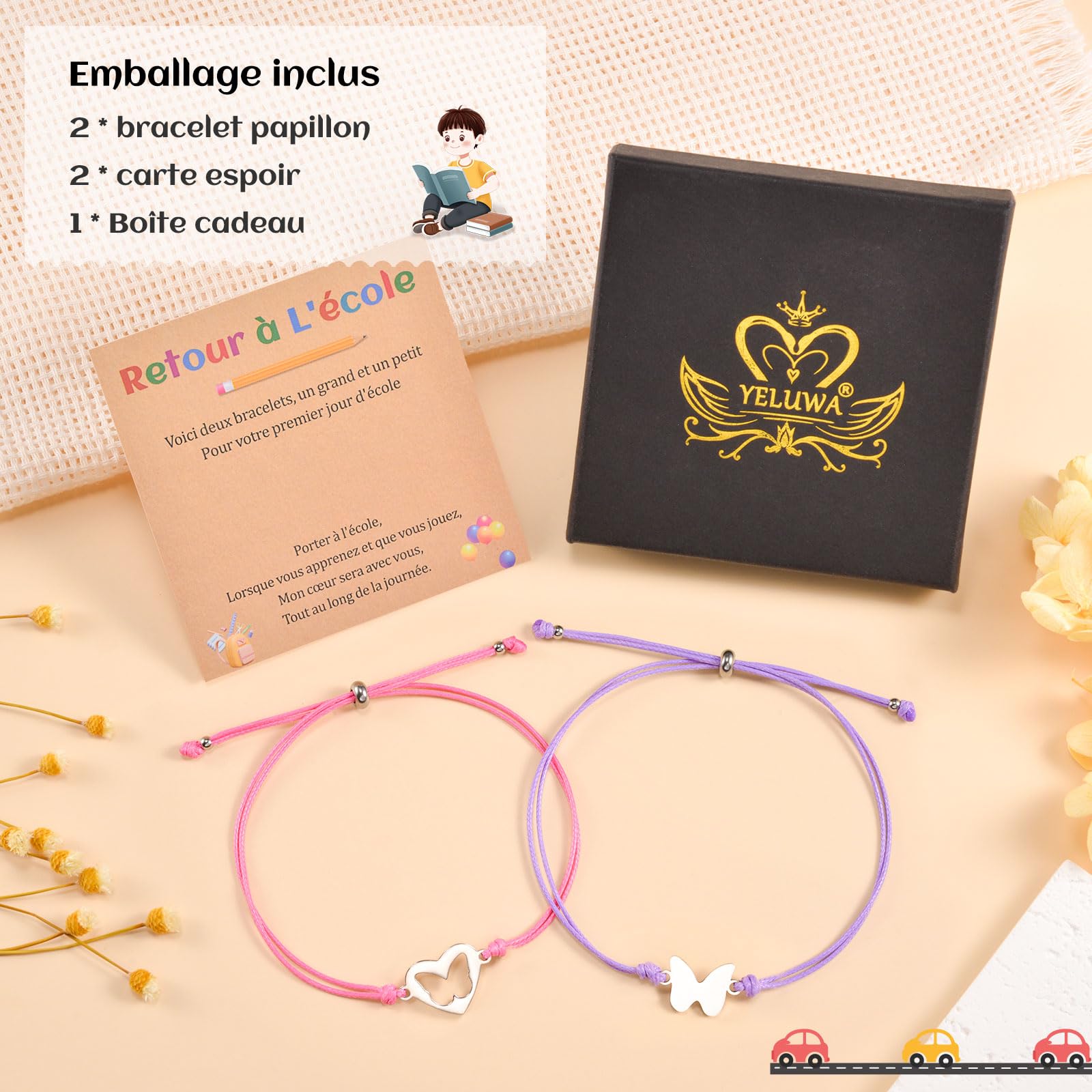 YELUWA 2 Pezzi Regali di Ritorno a Scuola, Set di Bracciali Madre e Figlia/Figlio, Regali per il Primo Giorno di Scuola per Ragazze e Ragazzi, Gioielli Mamma e Me (Rosso Rosa e Viola) FR