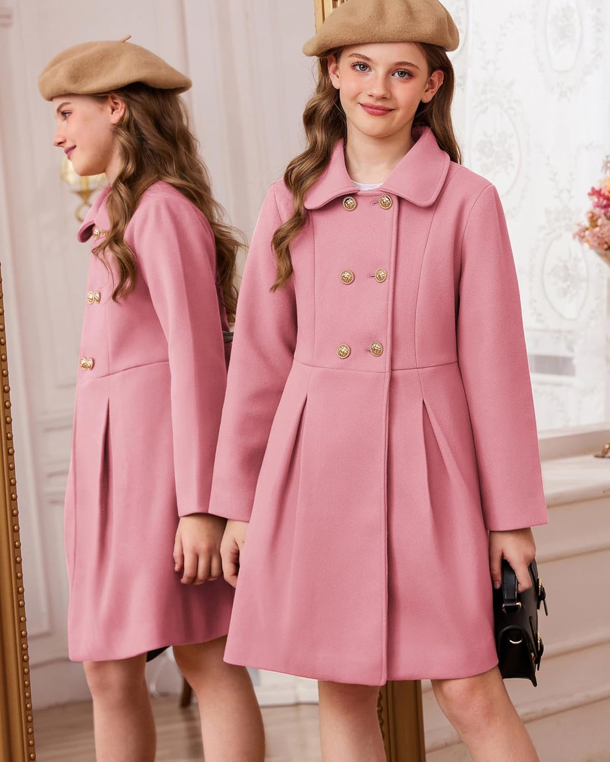 Young Girl Modeling Pink Double-Breasted Peacoat