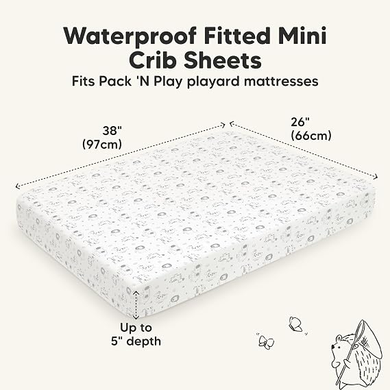 2-Pack Waterproof Pack and Play Sheets, Mini Crib Sheets Fitted for Boy, Girl - 38 x 26 Viscose from Bamboo Pack N Play Mattress Sheets for Graco, Toddler Playard Baby Crib Sheets Neutral (KeaSafari)