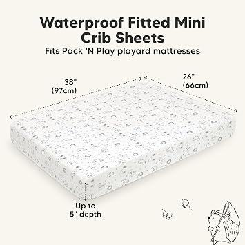 2-Pack Waterproof Pack and Play Sheets, Mini Crib Sheets Fitted for Boy, Girl - 38 x 26 Viscose from Bamboo Pack N Play Mattress Sheets for Graco, Toddler Playard Baby Crib Sheets Neutral (KeaSafari)