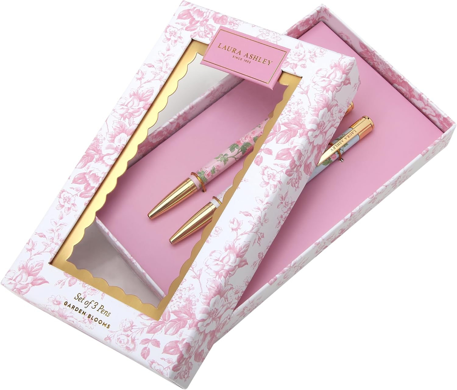 Laura Ashley Pen Set – Elegant Ballpoint Pens with Floral Design & Gold Accents, Set of 3 in Decorative Gift Box – Smooth Writing Pens for Office, School & Journaling, Pink Tolie
