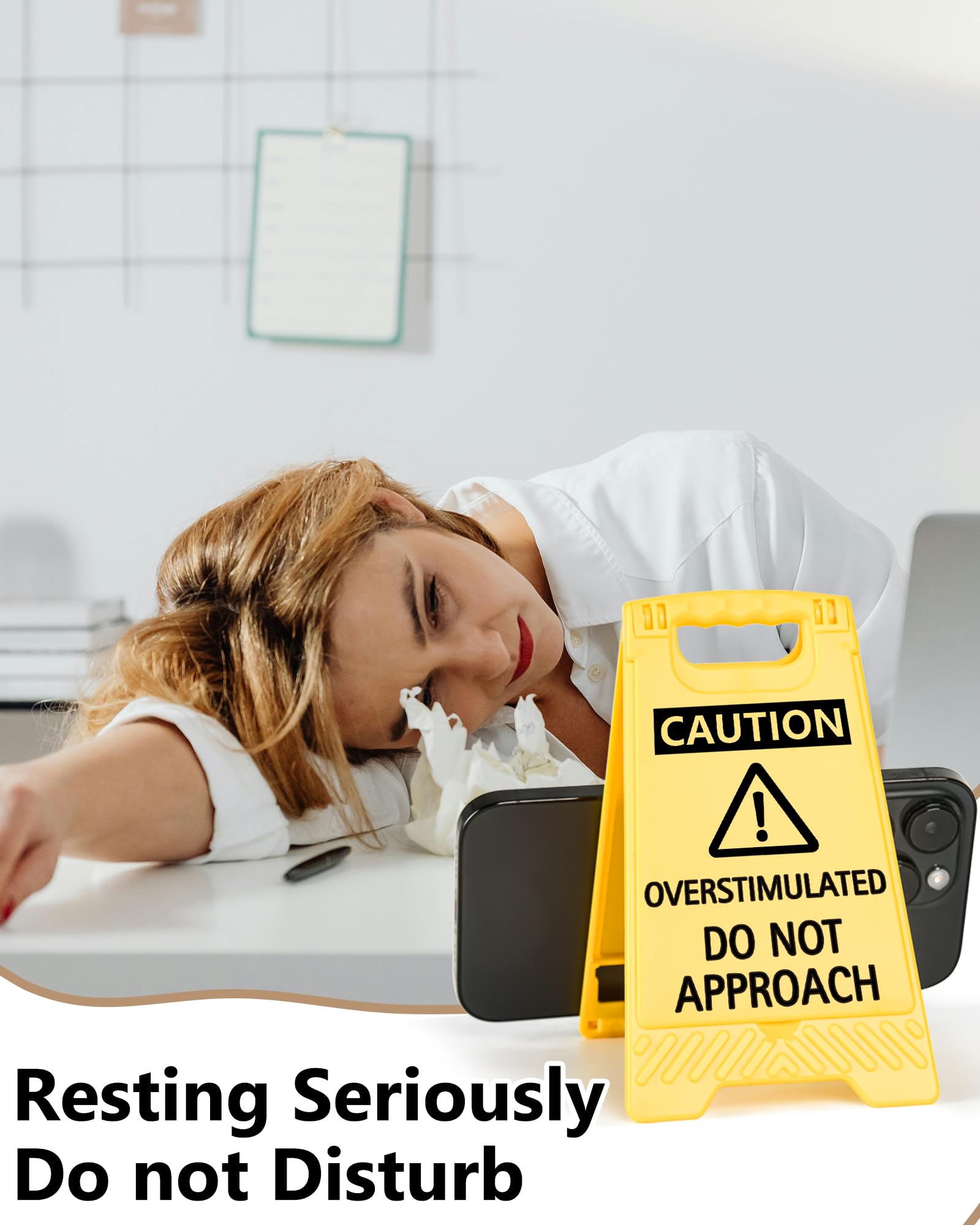 Caution Overstimulated Do Not Approach Office Decor, Funny Desk Sign for Women Coworkers, 2026 Graduation Gag Gifts for Fathers Day, Sarcastic Desk Accessories, Phone Holder with Mirror
