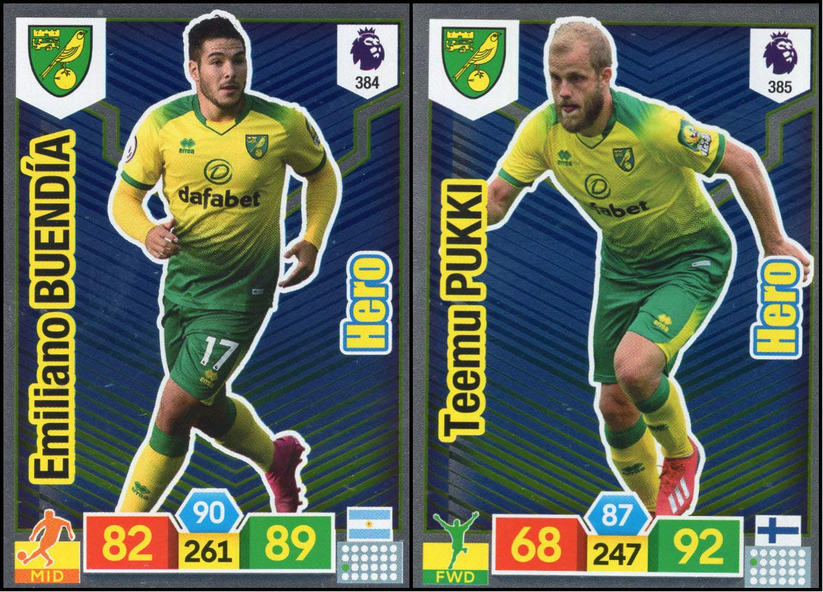 PaniniAdrenalyn XL PREMIER LEAGUE 2019/20 TWO DIFFERENT NORWICH CITY HERO TRADING CARDS