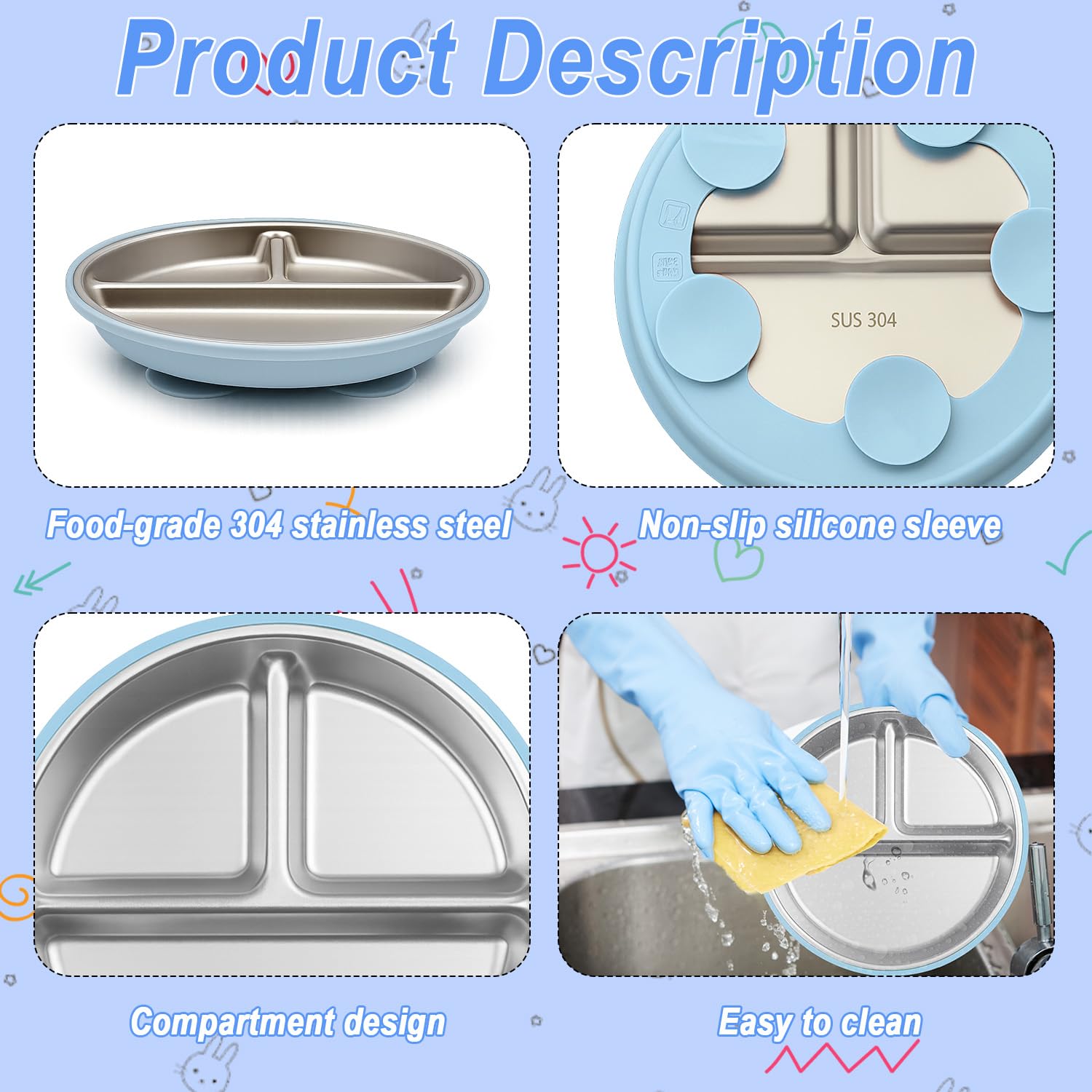 Piatto con Ventosa per Bambini, 2 Pezzi Piatti in Acciaio Inox Bambini 21CM, Piatto Svezzamento con Ventosa, Antiscivolo Piatti Divisi per Alimentazione Autonoma