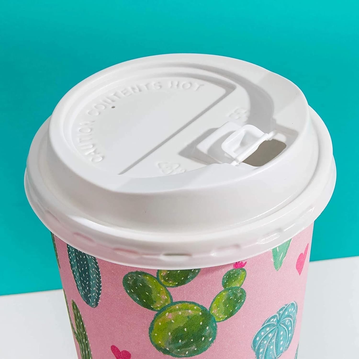 BLUE PANDA Disposable Paper Coffee Cups with Lids - Cactus & Hearts Design To Go Disposable Cups - 16 Oz, Pack of 48