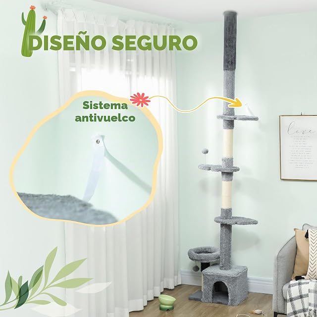 Foto 5 de 8 de PawHut Árbol Gatos Suelo-Techo 4 Niveles 89-100" Gatitos Interior