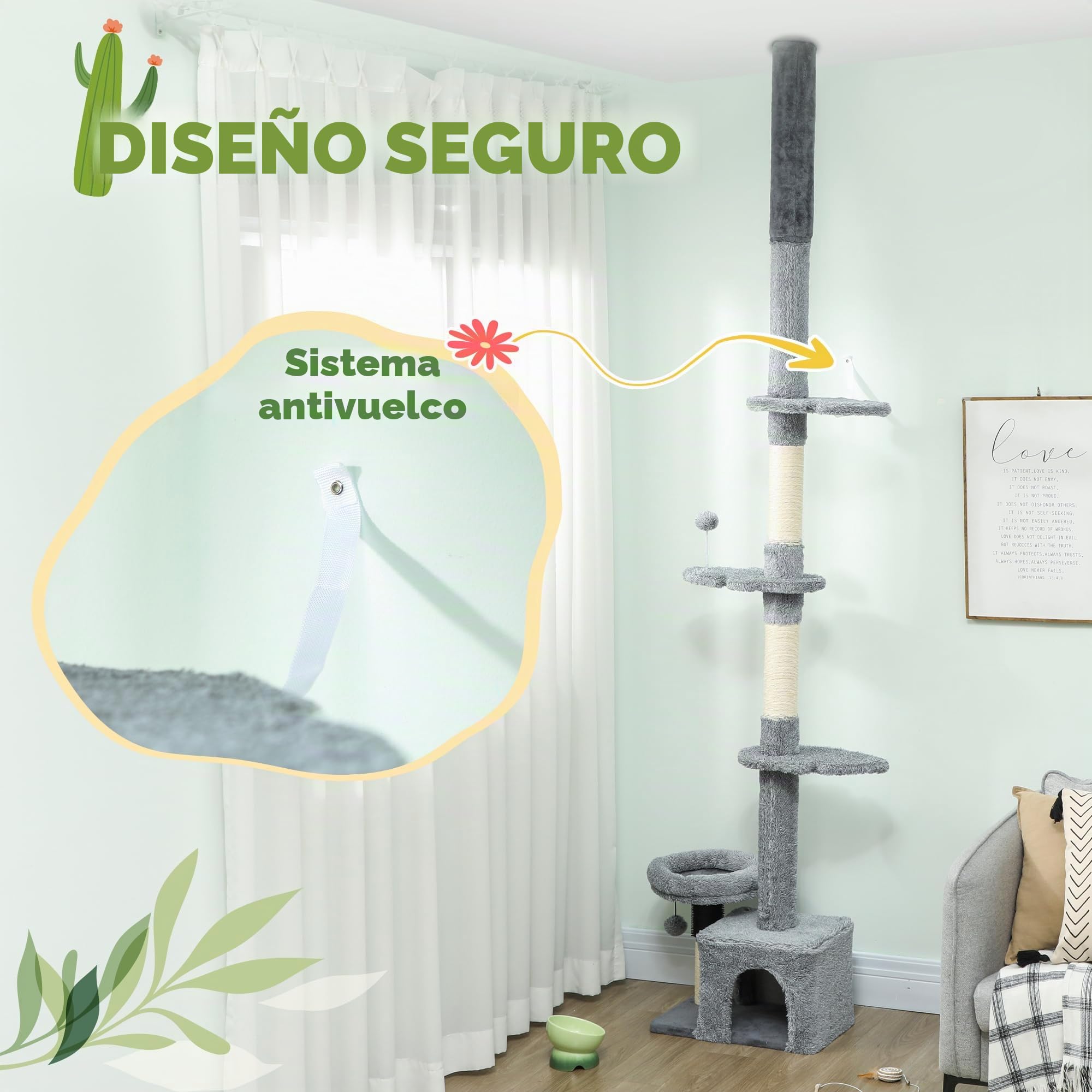 PawHut Árbol para Gatos de Suelo a Techo, multinivel, Torre para Gatos Regulable en Altura 225-255 cm, con Postes rascadores de sisal, caseta, Cama y Pelota Colgante, Revestimiento de Felpa, Gris | Varios niveles, Postes Sisal, Nicho, Cama, Pelota colgant
