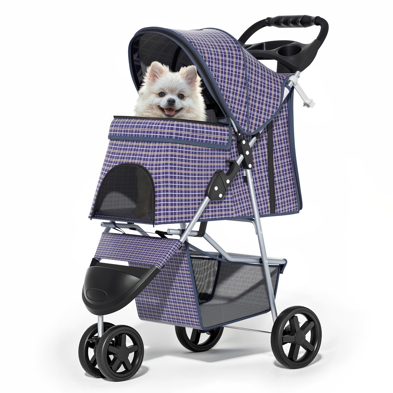 Photo 1 of 3 Wheels Pet Dog Cat Stroller for Small Medium Dogs Cats, Lightweight Foldable Jogger Stroller w/Storage Basket and Cup Holder, Plaid