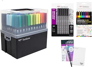 Tombow Art Marker Collection: 108 Color Dual Brush Pen Set with Hard Travel Case, Mono Color Fine Tip Drawing Pens, Mono Black Fine Tip Drawing Pens (6 Tip Sizes), & Blending Palette Kit