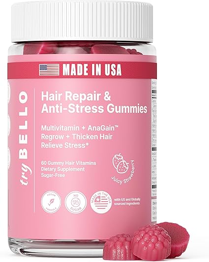 Trybello Anti-Stress & Hair Growth Gummies for Women | Sugar-Free, Vegan Hair Supplements | Gluten-Free, Soy-Free, Dairy-Free Gummy Vitamins for Thicker, Healthier Hair | 30 Servings