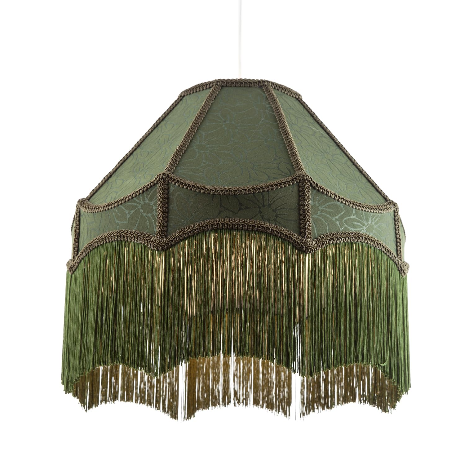 Traditional Classic Handmade Victorian Empire Shade in Floral Print Forest Green Jacquard Cloth with Embroidered Trims and Tassels | 40cm x 26cm by Happy Homewares