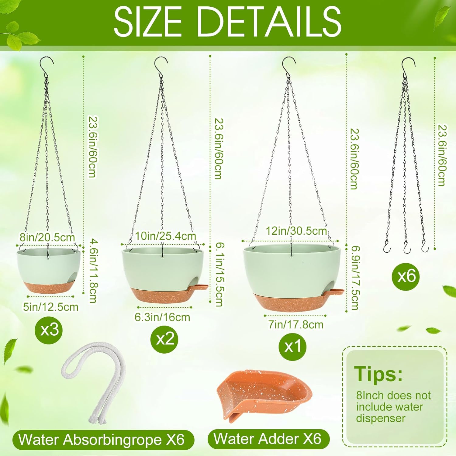 6 Pack Hanging Planter Set 12/10/8 Inch Plastic Self Watering Hanging Baskets Plant Pot with Drainage Holes and Chain for for Indoor Outdoor Garden Porch Plants