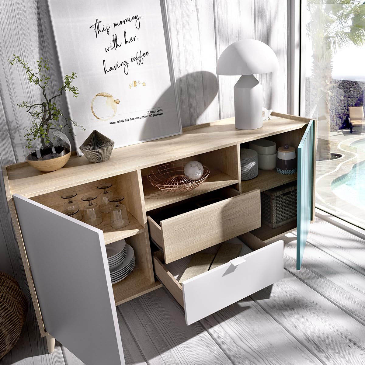 DEKIT GRUPO RIMOBEL NOVA - APARADOR DE 2 PUERTAS Y 2 CAJONES CON ALMACENAJE -75X155X43 cm - BLANCO / NATURAL / GRIS / ESMERALDA