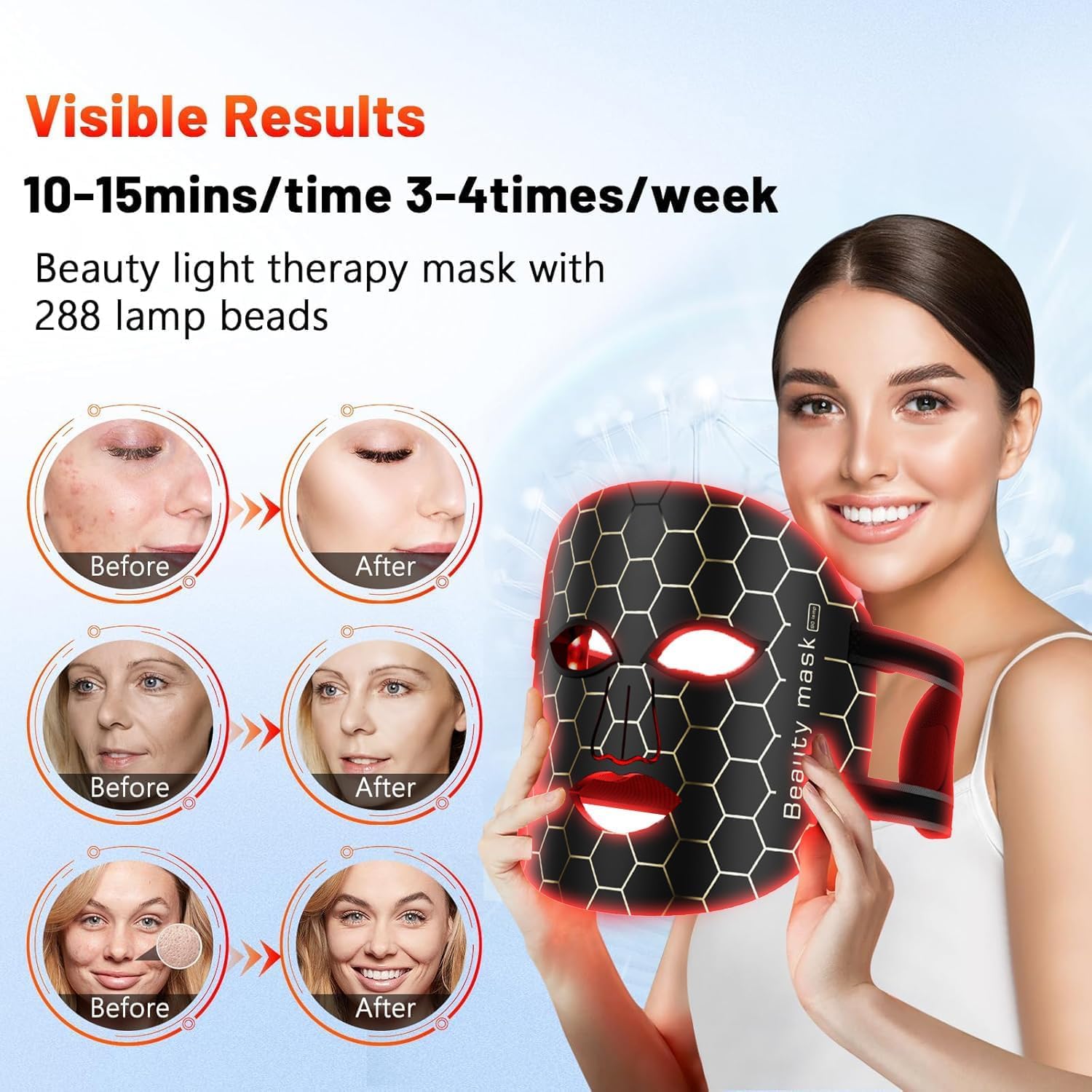INTEO Luminothérapie 3 Modes Portatif LED Masque De Visage Avec Télécommande, Rouge