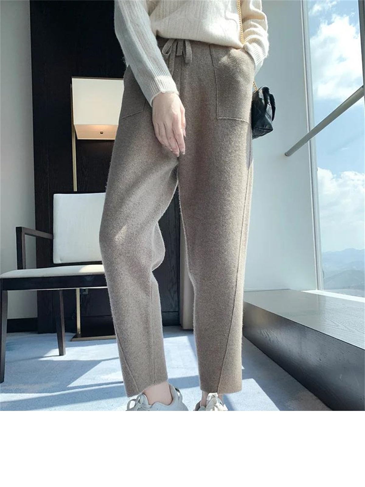 Pantaloni invernali da donna in lana 100% lana merino, pantaloni a maglia, stile semplice, spessi e morbidi pantaloni in cashmere