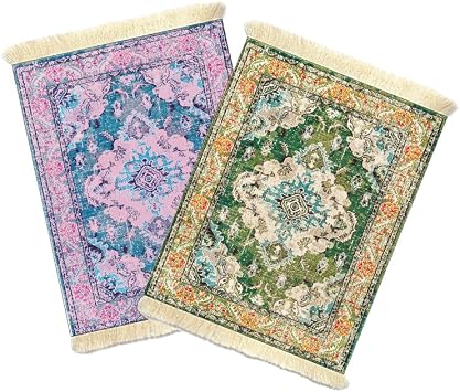 Beautiful Oriental Mouse Mat Persian Style Rug Mouse Pad,2 pcs Woven Rug Mini Laptop Mousepad Coasters Bohemian Style Placemat Decoration Dining Rug MatGreen+Purple