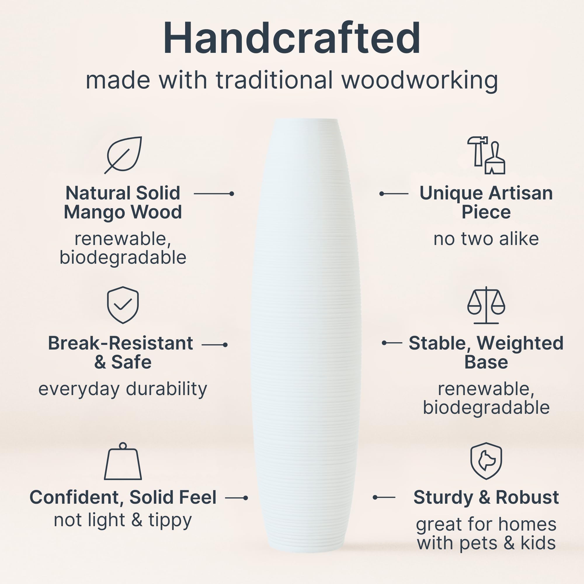 Leewadee Vaso da Terra Grande Alto 85 cm - Vaso Bianco Legno di Mango Fatto a Mano da Interno Erbe della Pampa