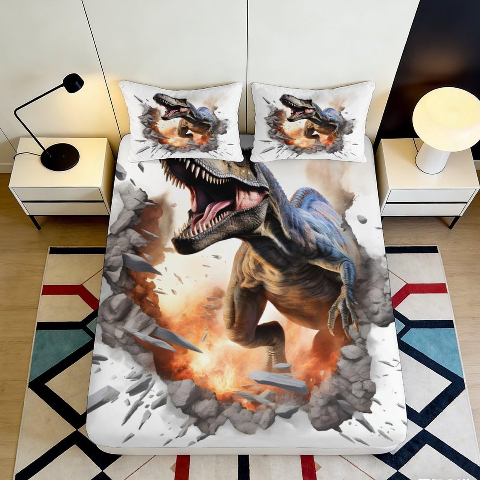 3D Printed Dinosaur Fitted Sheet Microfiber Soft Durable 3D Printed Explosion Bed Cover for Bedroom Dormitory Guest Room Mattress Protection 200x200x25cm