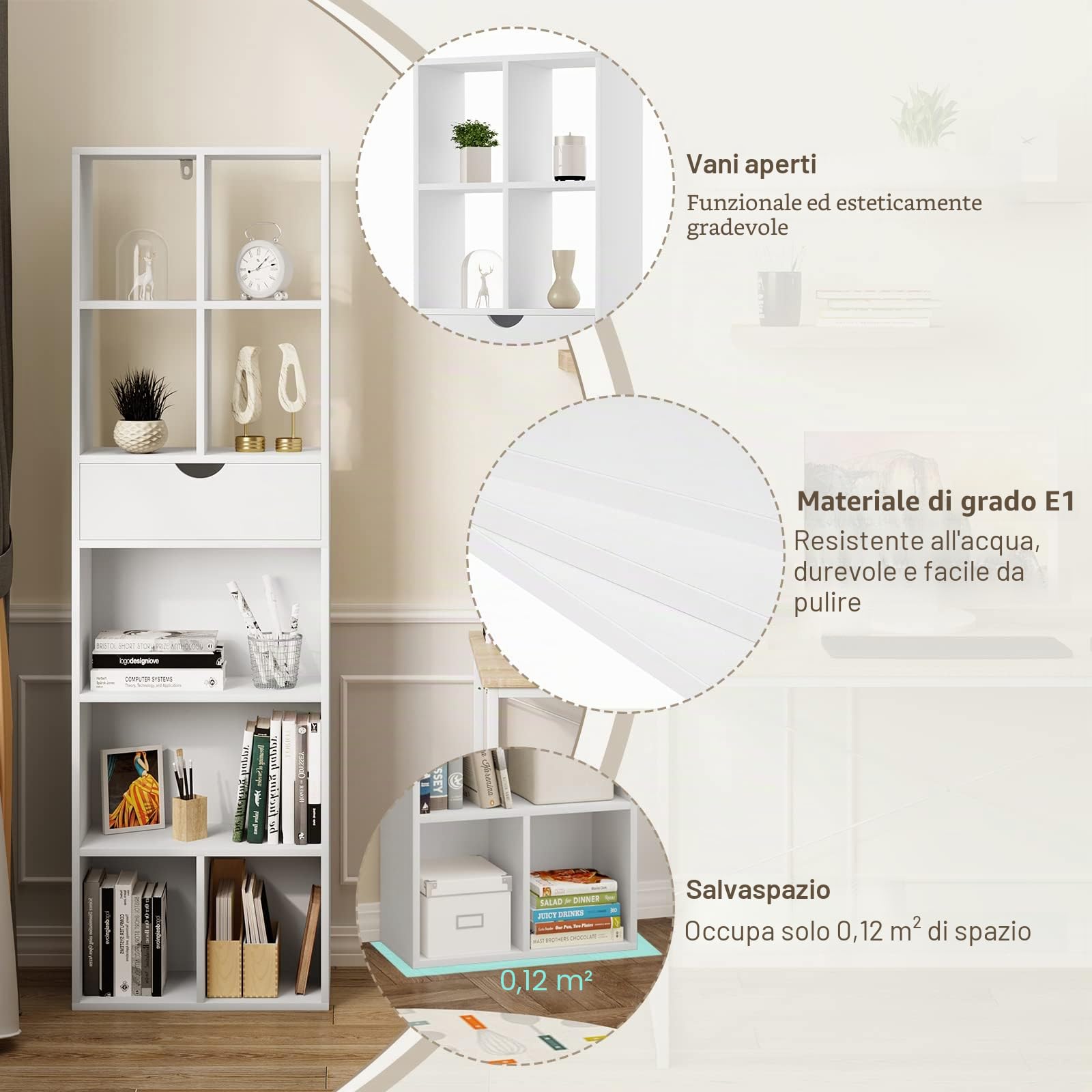 EUGAD Libreria Bianca, Scaffale Soggiorno con 8 Vani Portaoggetti, Mobile in Legno Salvaspazio con Cassetto, Portalibri da Terra Moderno per Camera da Letto, Ufficio, 50x24x168 cm