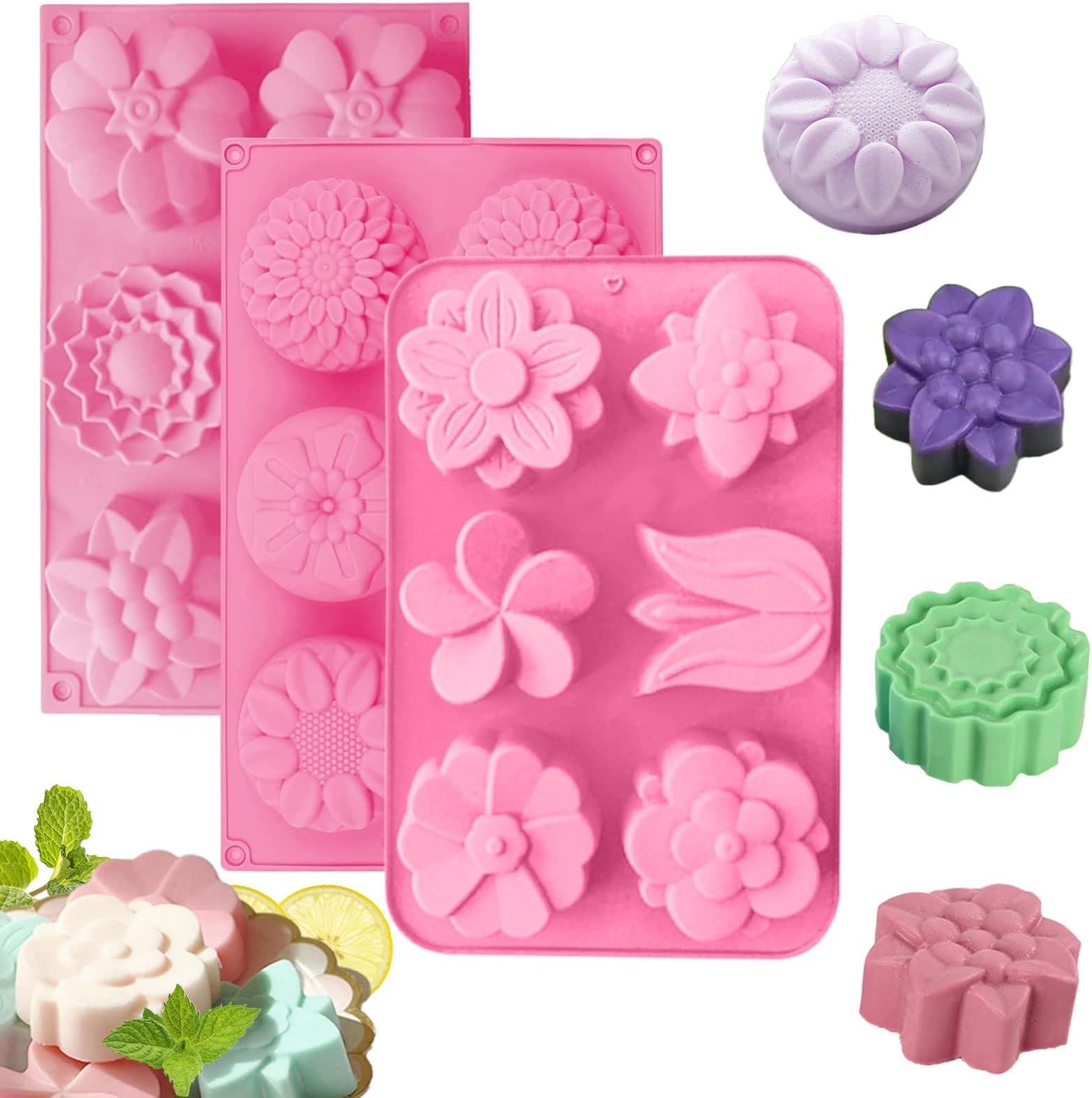 Silicone Soap Molds, different Cavities Soap Mold with Different Shapes, Perfect for Soap Making, Handmade Cake Chocolate Desserts Biscuit Pudding Teacake Jelly （3 Pack - Flower）