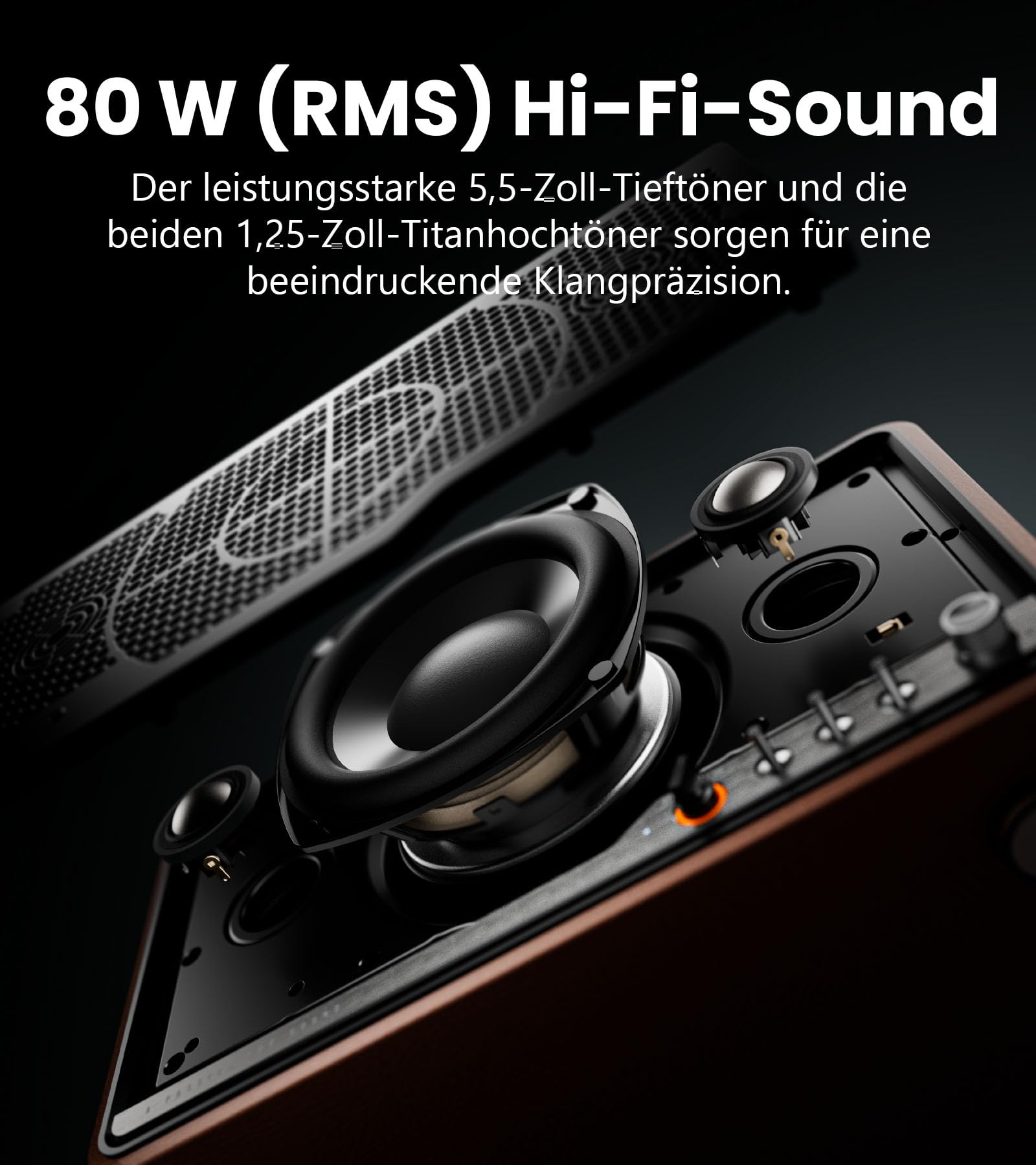Edifier S300 Kabelloser Hi-Fi Tischlautsprecher mit AirPlay 2 & 80W RMS, Schwarzes Walnussholz