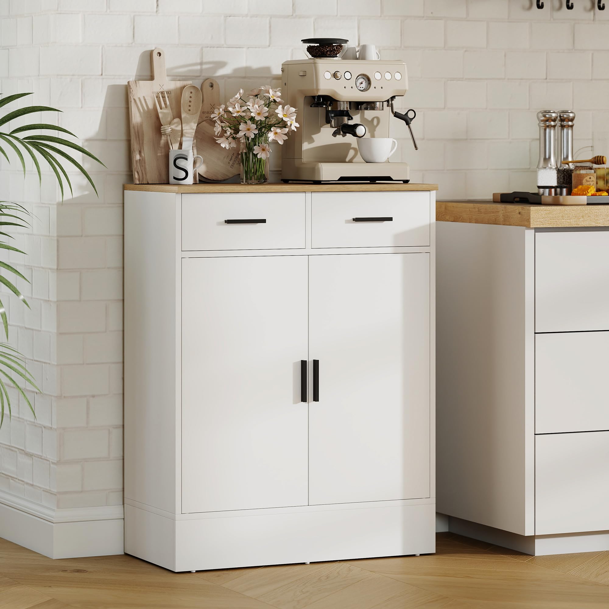 HOMCOM Aparador de 2 Puertas, Aparador de Salón con 2 Cajones y Estantes Ajustables, para Cocina, Entrada, Dormitorio, Blanco y Natural, 68,6x35x90,3 cm