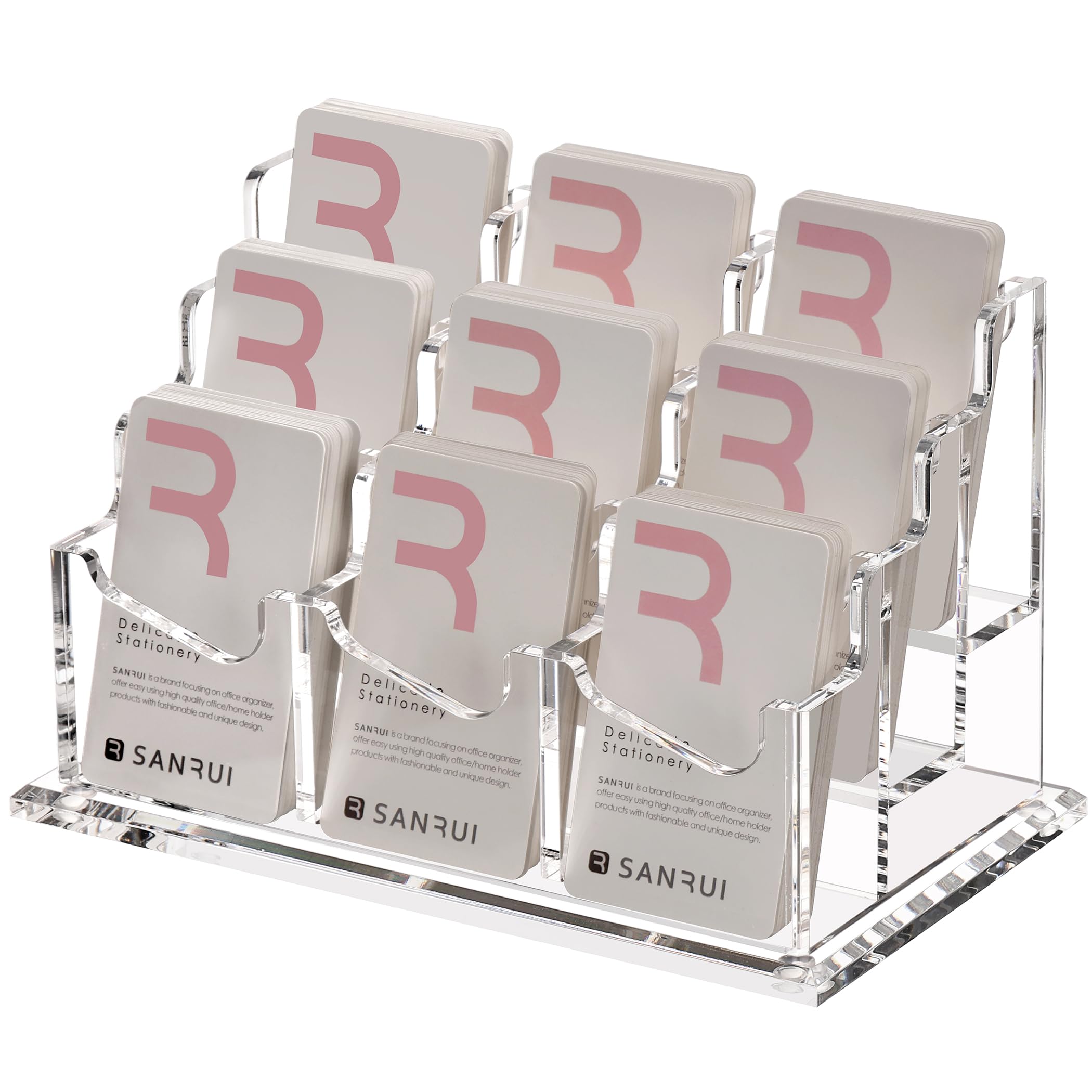SANRUI Vertical Business Card Holder for Desk，Clear Acrylic Business Card Display Stand，9 Slots 3 Tier ，Holds 450 Cards — image 1