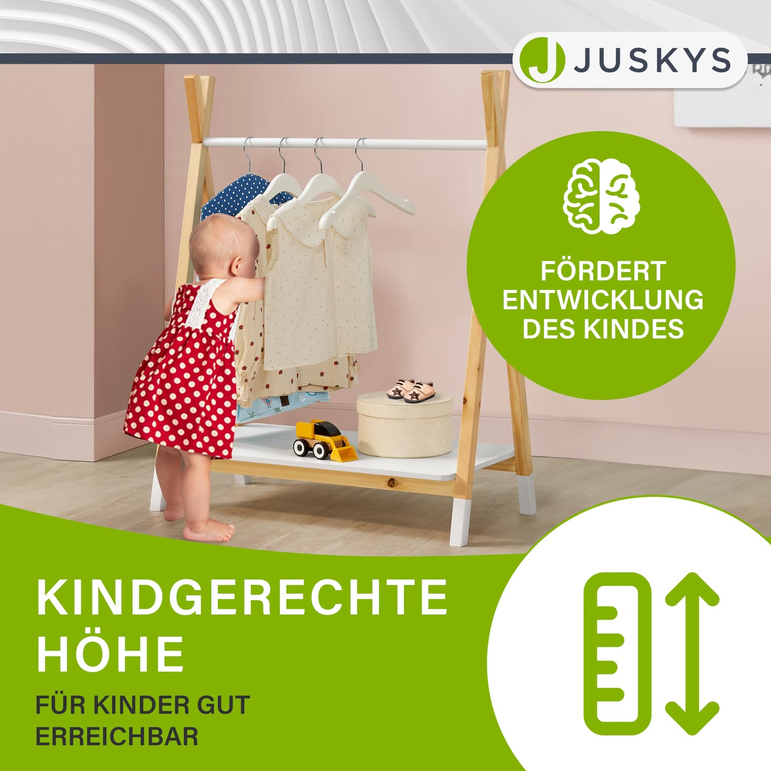 Juskys Kinder Kleiderständer Heidy mit Ablage & Kleiderstange - Holz Kindergarderobe modern, offen & freistehend - Kinderzimmer Garderobe Weiß