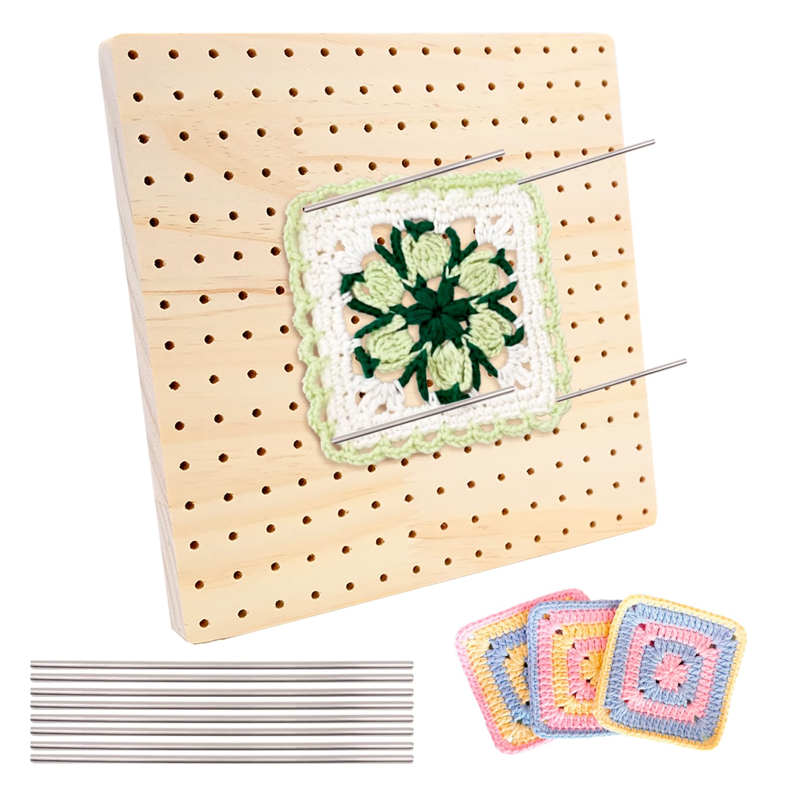 Mritrit Multicolour 7.9" Granny Square Blocking Board For Crochet And Pins 20X20cm Wooden Granny Squares Crochet Block Boards With 8 Stainless Steel Pegs For Beginners Knitting Projects
