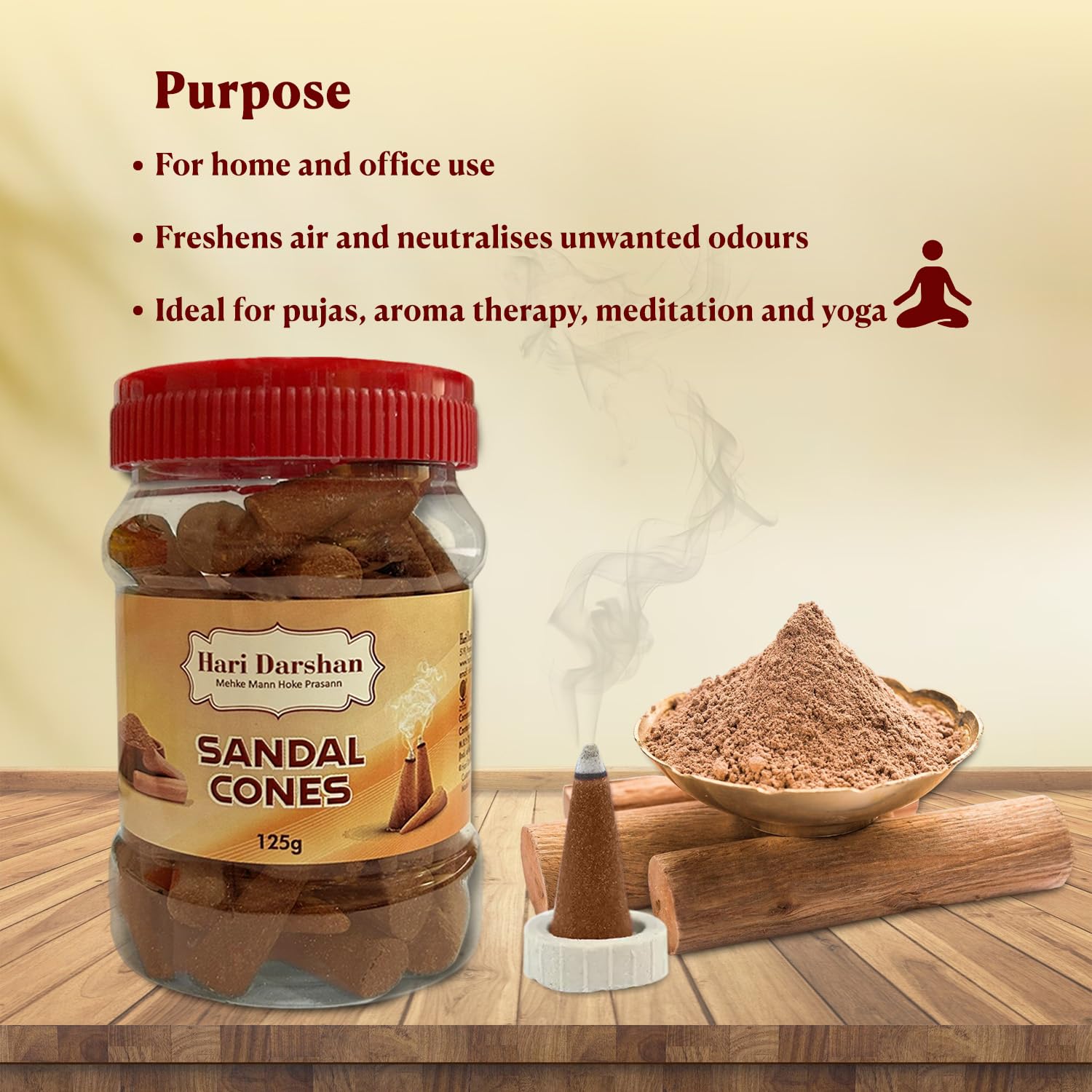 Hari Darshan Sandal Dhoop Cones - Organic Dry Dhoop with Long-Lasting Fragrance for Daily Pooja Meditation & Yoga | Non-Charcoal -Pack of 3 (125g Each) 3