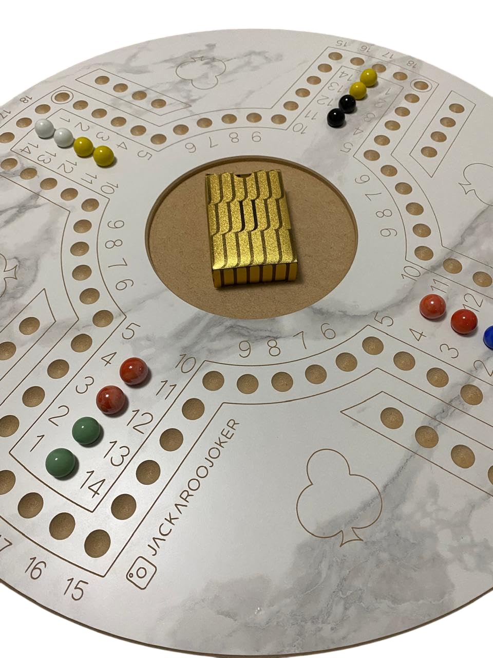 Jackaroo Joker Wooden Board Game Marble color for 4 Players,Includes 1 Golden Plastic Cards and Marbles, Small bag for Marbles جاكارو لون رخامي مع الاوراق الذهبية