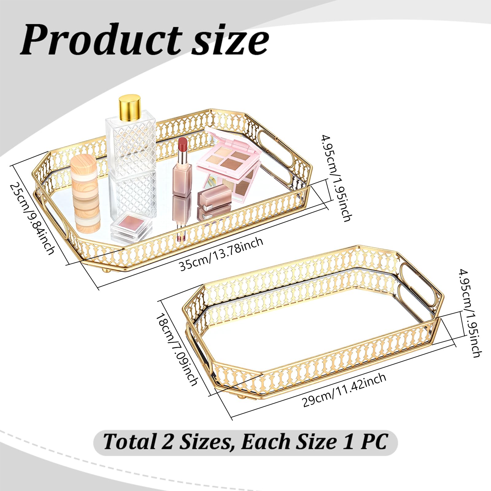 2 bandejas de perfume doradas, bandeja decorativa de espejo de 2 tamaños con asas, organizador decorativo de perfume y maquillaje con asas para tocador, baño o exhibición de joyas