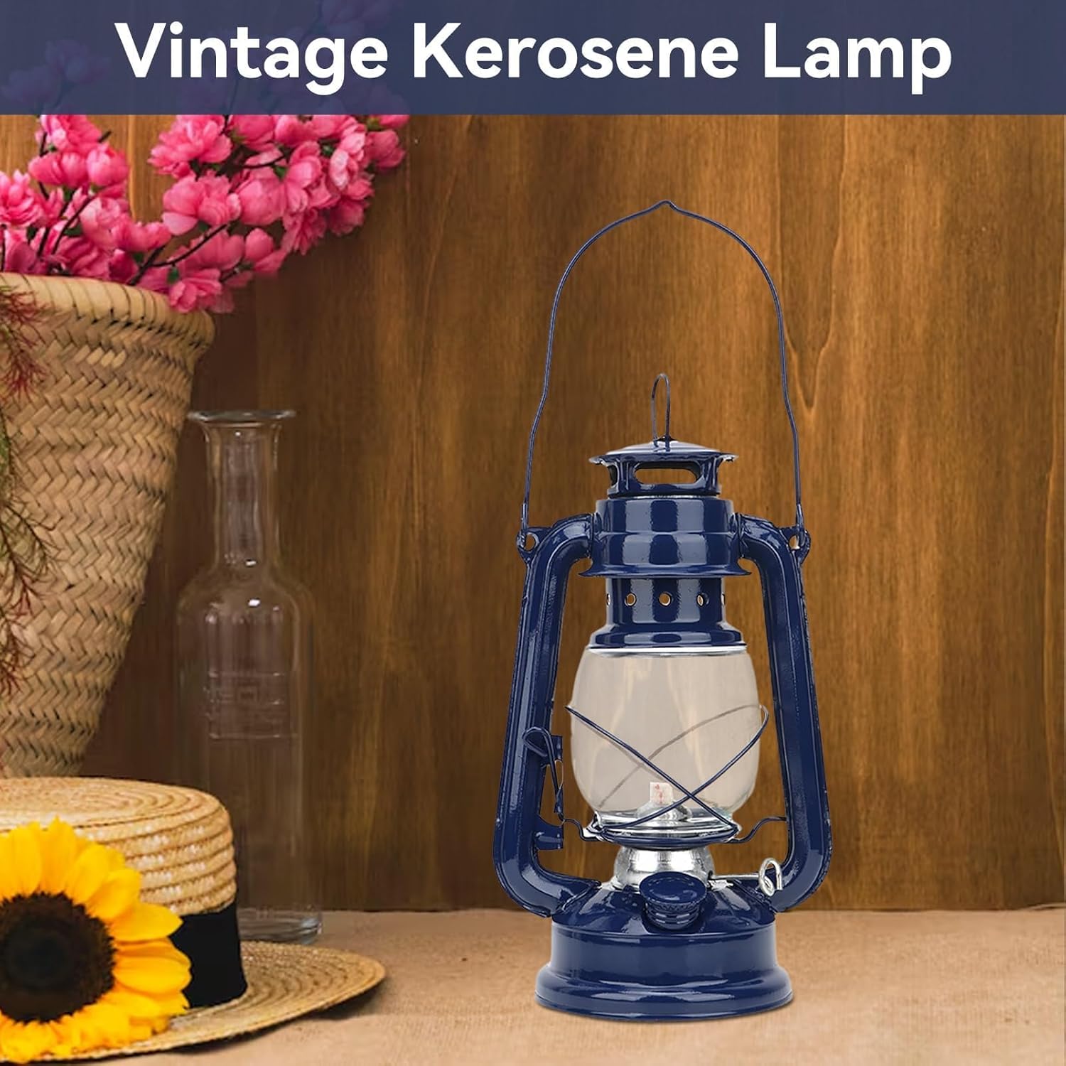 Oil Burning Lantern, Hurricane Lantern Oil Lamp Outdoor Hanging Lantern Farmer Lantern Vintage Hurricane Lantern Indoor Outdoor Lantern for Hanging or Tabletop(Blue)