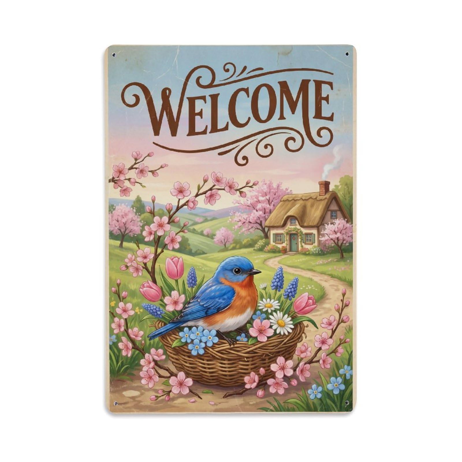 Cxhjca 8X12inch(20X30cm) Vintage Welcome Bluebird Fresh Blooms Metal Tin Sign