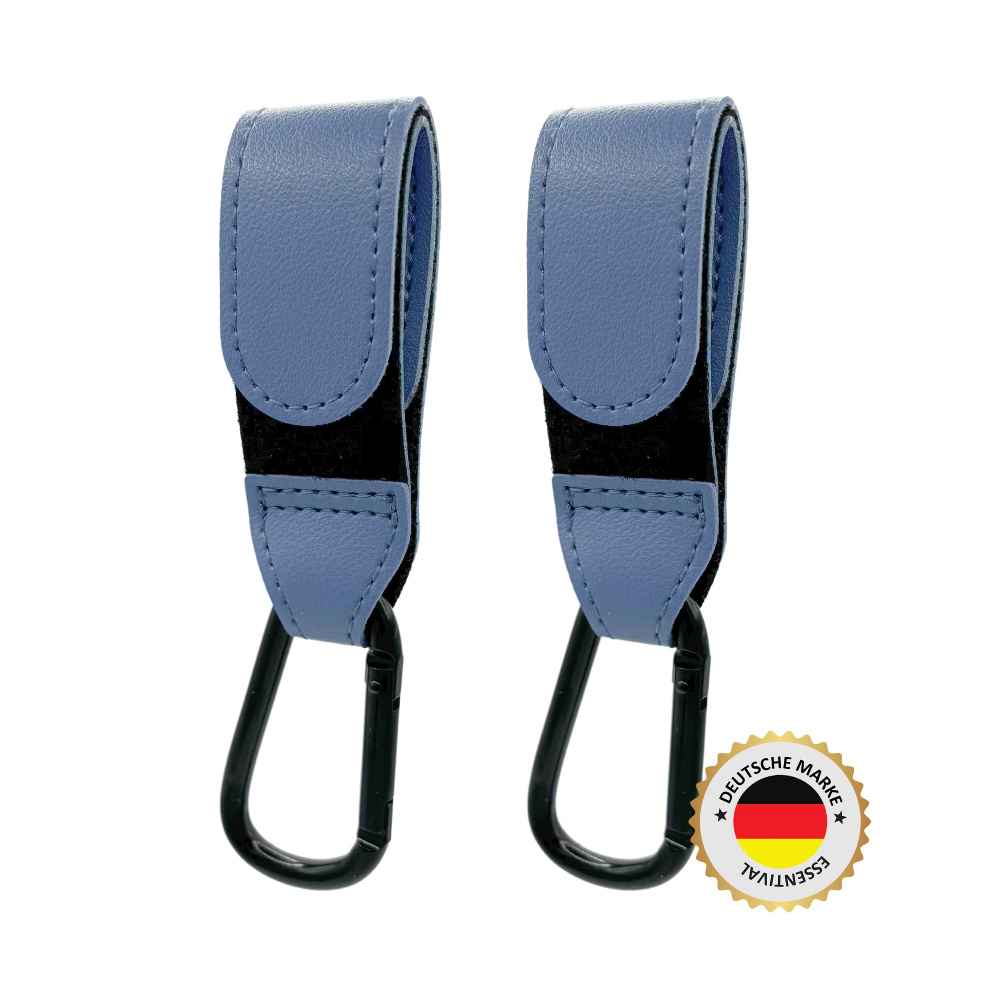 ESSENTIVAL Kinderwagen Haken für Taschen (2 Stück) - Großer Universalkarabiner für Kinderwagen, Robuste Karabinerhaken als Taschenhalter, Anhänger für Kinderwagen in Universeller Passform (Babyblau)