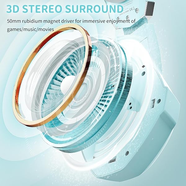 Ozeino Cuffie Gaming per Ps4 Ps5 PC, Cuffie con Microfono Cancellazione del Rumore, 3D Surround Sound, Cuffie Comfort con LED RGB, Blu Chiaro - 3