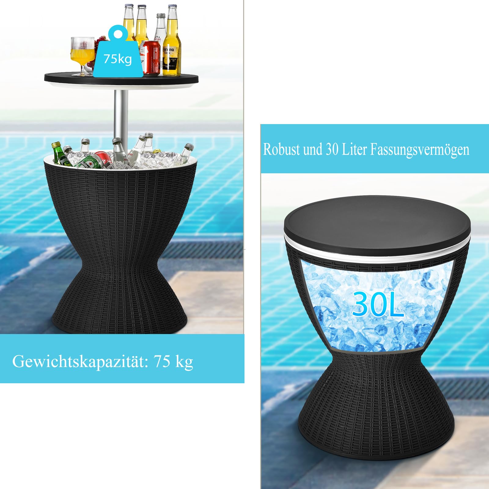 SOARS 3 in 1 Cool Bar höhenverstellbar, 30L Kühlbox in Rattanoptik, Beistelltisch mit abnehmbarem Deckel & Ablassöffnung, Getränkekühler bis 75kg belastbar, zum Kühlen von Bier, Wein (Schwarz)