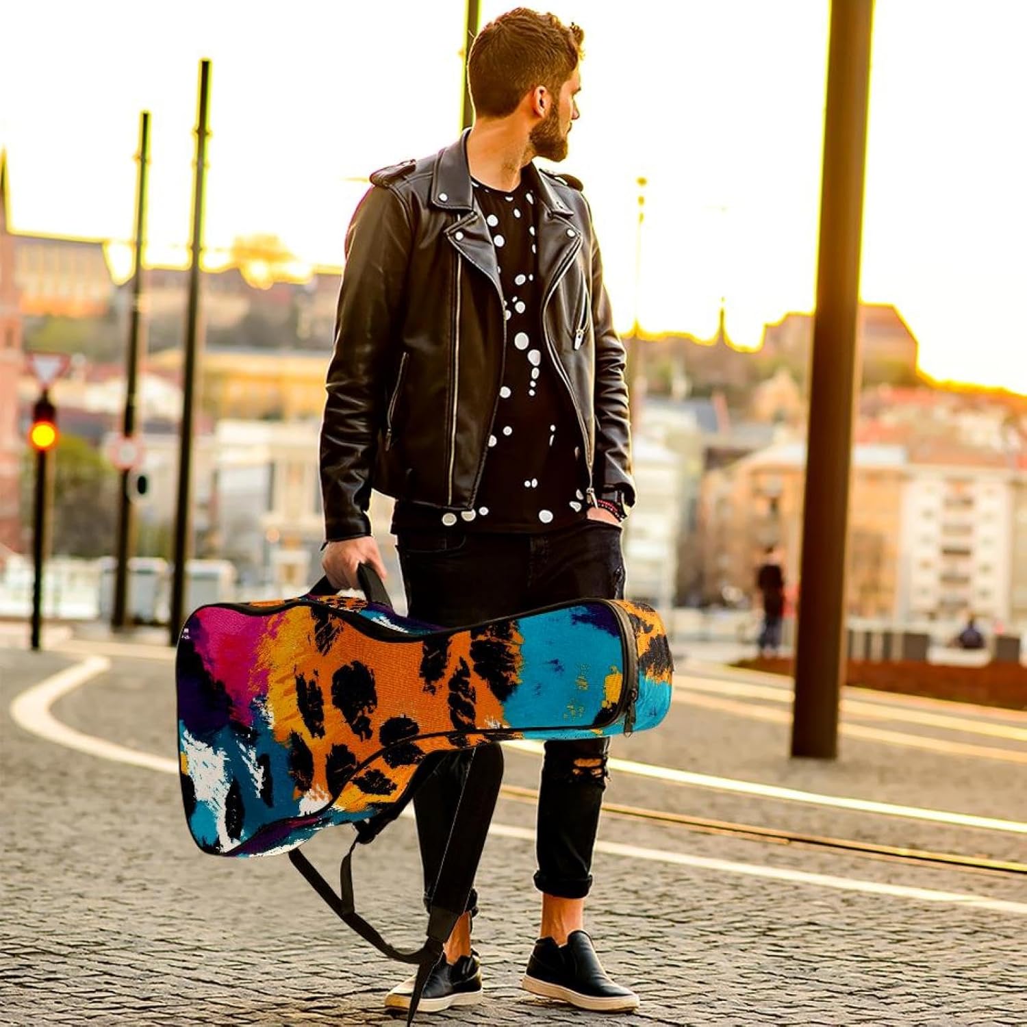 40 41 42 Inch Acoustic Guitar Bag, 0.4 In Thick Sponge Padded Guitar Case Gig Bag with Back Hanger Loop and 2 Pockets, Leopard Animal Skin Abstract Pattern